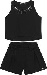 CONJ FEM REG C DET STRASS E SHORT MALHAO PRETO