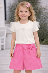 CONJ FEM BL MG TULE E STRASS SHORT SARJA OFF WHITE/ROSA