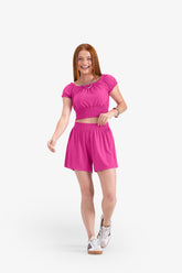 CONJ FEM JUV BL LASTEX SHORT VISC MAQ ROSE VIOLET