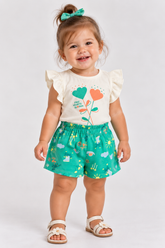 CONJ FEM BL FREE FLORES GLIT E SHORT EST OFF WHITE/VERDE