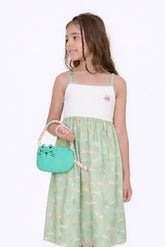 VESTIDO ENTRE CORES TRICO E GATO BUSTO VERDE/OFF WHITE