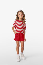 CONJ FEM BL RIB LIST CELEBRATE SHORT MLT VERMELHO