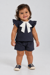 CONJ FEM BATA TRICOL LACO FRENTE E SHORT MARINHO