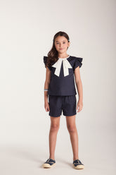 CONJ FEM BATA TRICOL LACO FRENTE E SHORT MARINHO