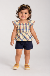 CONJ FEM BATA TRICOLINE XADREZ E SHORT MARINHO/AMARELO