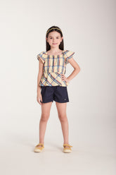 CONJ FEM BATA TRICOLINE XADREZ E SHORT MARINHO/AMARELO