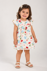 VESTIDO ESTAMPADO EVASE C DET DE PICUETA BEGE CLARO