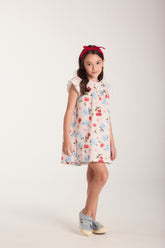 VESTIDO ESTAMPADO EVASE C DET DE PICUETA BEGE CLARO