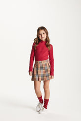 CONJ FEM BL ML CANEL E SHORT SAIA XADREZ BEGE CLARO/VERMELHO
