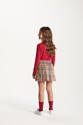 CONJ FEM BL ML CANEL E SHORT SAIA XADREZ BEGE CLARO/VERMELHO