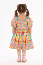 VESTIDO ARRAIA DE CORES FLORES BUSTO ROSA/LARANJA/AZUL