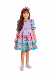 VESTIDO ARRAIA DE CORES QUADRADOS BUSTO ROSA/ESMERALDA