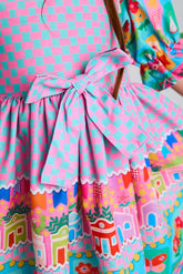 VESTIDO ARRAIA DE CORES QUADRADOS BUSTO ROSA/ESMERALDA