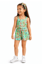 CONJ FEM BL E SHORT BORBOLETA EM QUADROS VERDE/ROSA