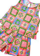 CONJ FEM BL E SHORT AZULEJO BORBOLETES LARANJA/VERDE/ROSA