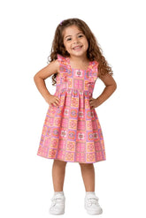 VESTIDO AZULEJO BORBOLETES ALPHABETO LARANJA/VERDE/ROSA