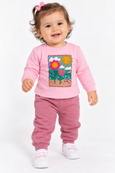 CONJ FEM BLUSAO FLORES SOL E CALCA MLT ROSA