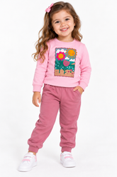 CONJ FEM BLUSAO FLORES SOL E CALCA MLT ROSA