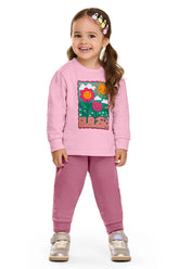 CONJ FEM BLUSAO FLORES SOL E CALCA MLT ROSA