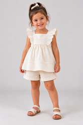 CONJ FEM BATA CAMBRAIA LIST SHORT SATIN AMARELO CLARO/BRANCO
