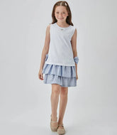 VESTIDO JUMPER EM PIQUET COM BABADOS AZUL MEDIO/BRANCO