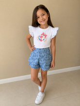 CONJ FEM BL DET STRASS E SHORT EM LAISE AZUL JEANS/BRANCO