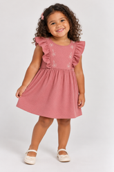 VESTIDO MC BAB MALHA TRAB BORD FLORES GOIABA