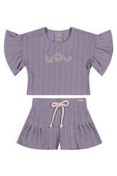 CONJ FEM BL E SHORT CANEL TRAB BORD FLOR LILAS