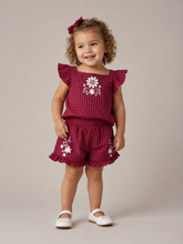 CONJ FEM BL E SHORT XADREZ FLORES RELEVO VERMELHO