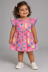 VESTIDO MC POMPOM COTTON ESTAMPADO ROSA