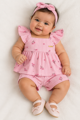 CONJ FEM REG E SHORT CANEL TRAB FLORES ROSA CLARO