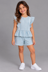 CONJ FEM BL DET SIANINHA E SHORTS LISTRA AZUL