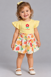 CONJ FEM BL BORD FLOR E SHORT EST FLORAL AMARELO/VERMELHO