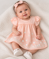 VESTIDO MC EST LACO FLOR GLITT E STRASS PESSEGO
