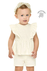 CONJ FEM BL MC BAB FLORAL BORD E SHORT OFF WHITE