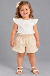 CONJ FEM BL FLOR BORD SHORT LAISE LINHO MARFIM