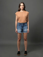 SHORTS CKJ FEM JNS CINT ALTA BARRAS FIO AZUL MEDIO