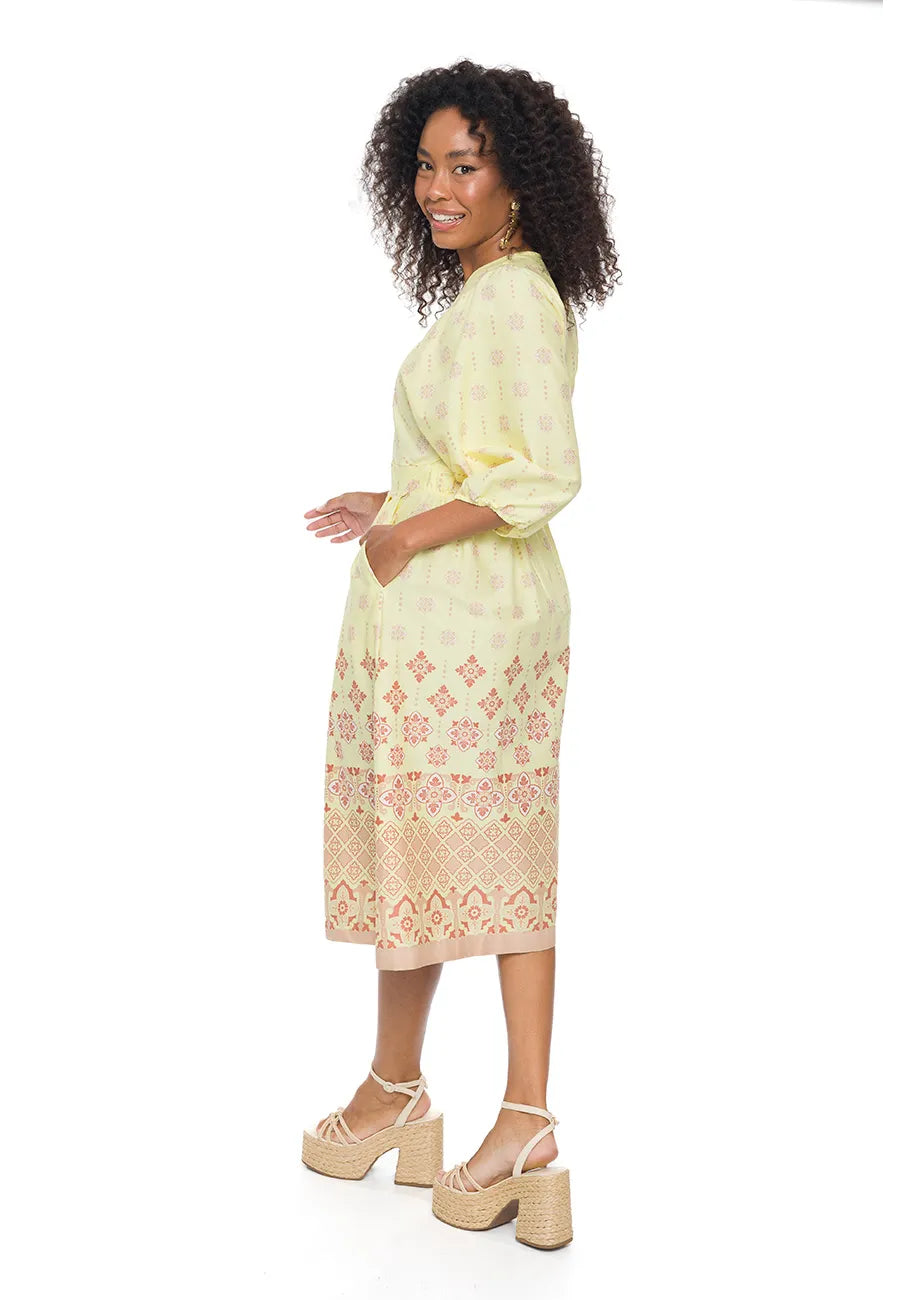 VESTIDO MIDI MC TRICOLINE BARRADO BOHO AMARELO