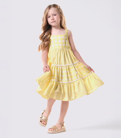 VESTIDO ALCA CHIFFON XADREZ FITAS DECOR BAUNILHA