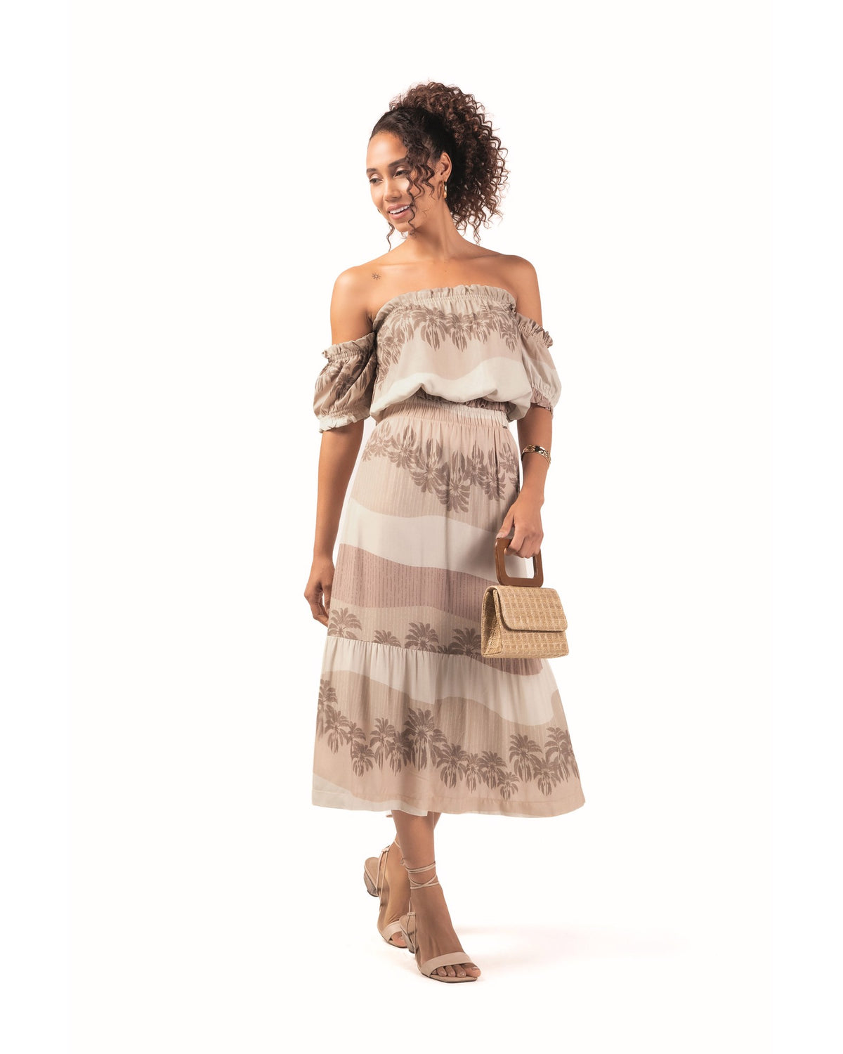 BLUSA FEM MC EM VISCOSE SARJADO DIGITAL OFF WHITE/KHAKI
