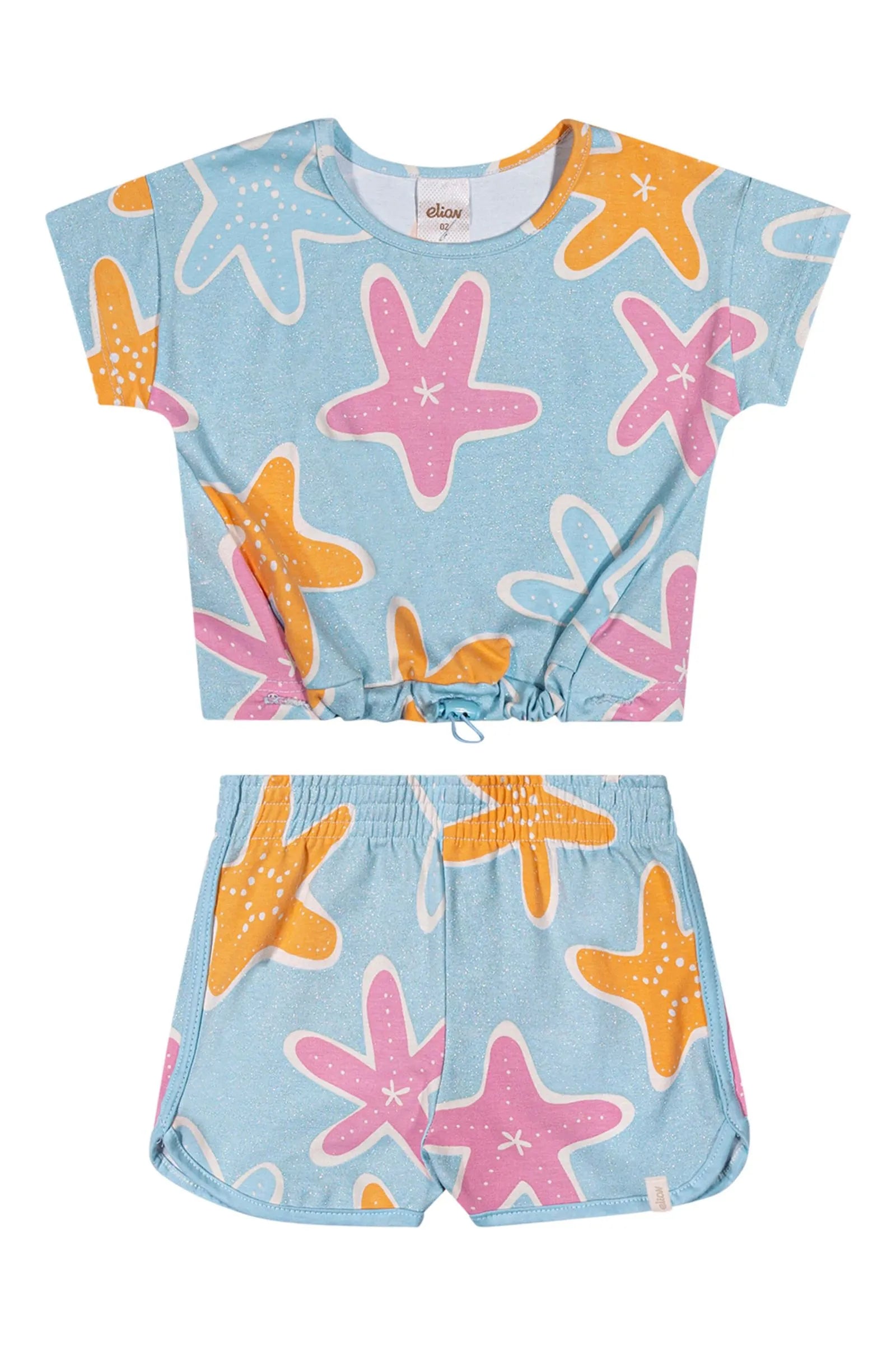 CONJ FEM BL E SHORT EST ESTRELAS GLITTER AZUL CLARO