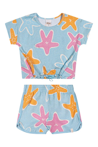 CONJ FEM BL E SHORT EST ESTRELAS GLITTER AZUL CLARO