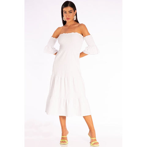 VESTIDO MIDI MC DET BUSTO E MANGAS LASTE BRANCO