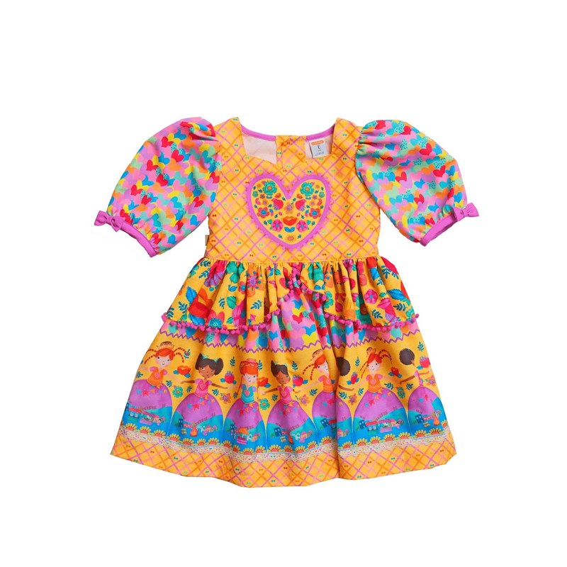VESTIDO EU AMO ARRAIA ROXO E AMARELO AMARELO