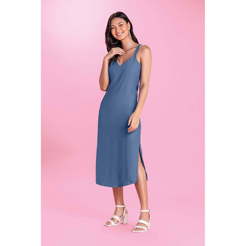 VESTIDO TEC MIDI ALCA GL V FENDA LAT CUR AZUL JEANS