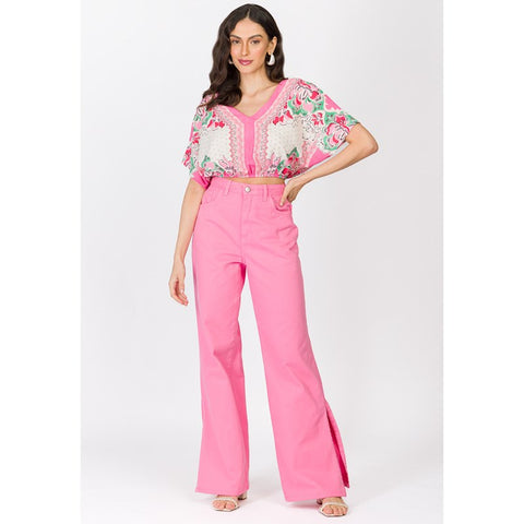 CALCA FEM WIDE LEG EM SARJA ROSA LIRIO ROSA LIRIO