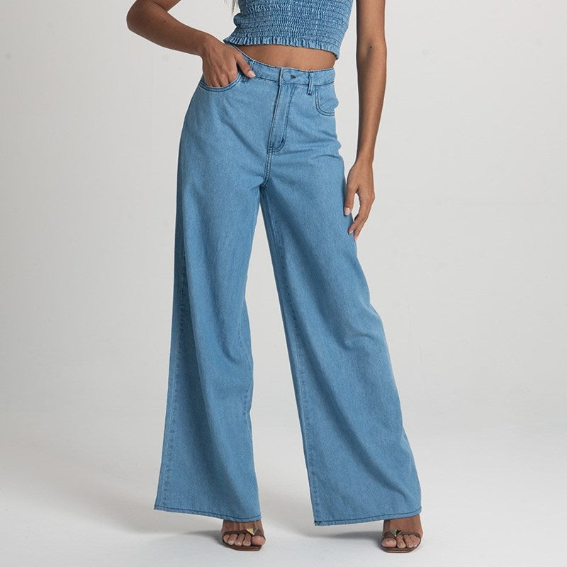 CALCA FEM WIDE LEG EM JEANS MEDIO JEANS MEDIO