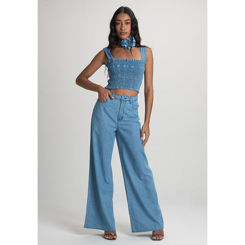 CALCA FEM WIDE LEG EM JEANS MEDIO JEANS MEDIO