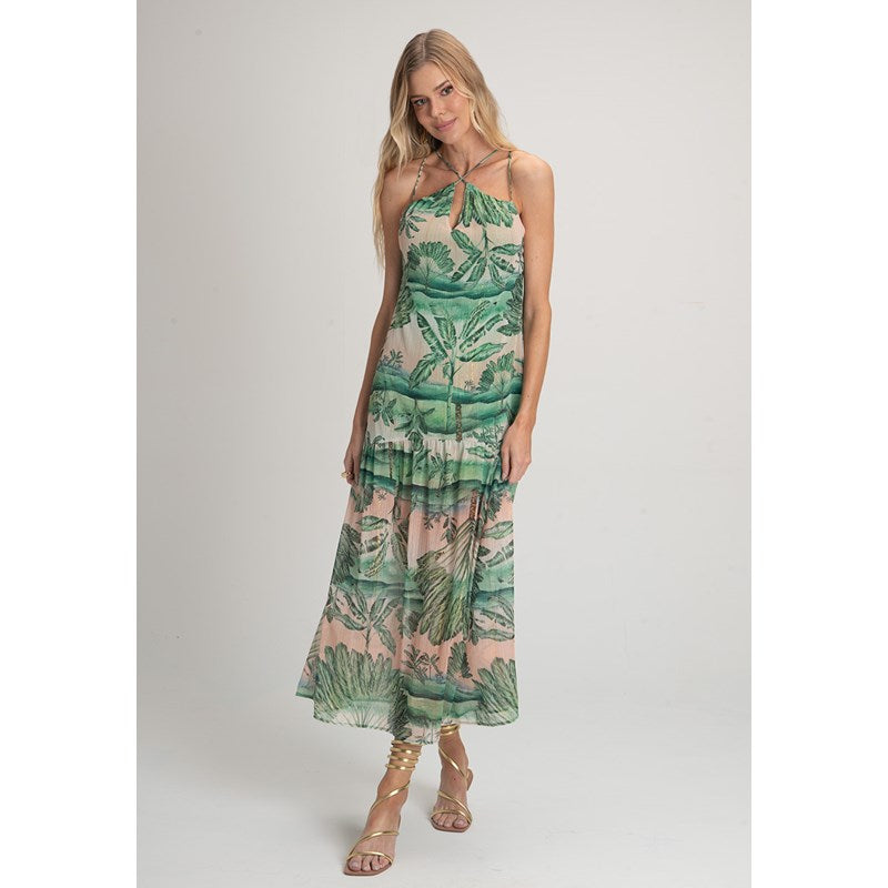 VESTIDO LONGO ALCA CHIFFON LIST FIO MET VERDE