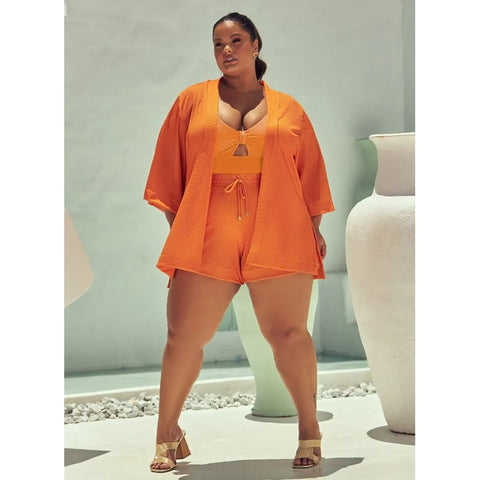 CONJUNTO SAIDA PRAIA PLUS KIMONO E SHORT LARANJA